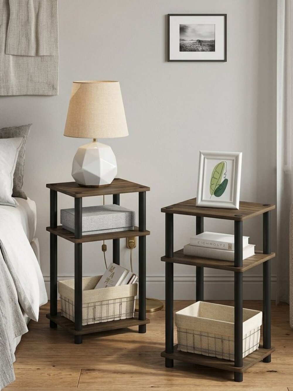 Set of 2 Columbia Walnut 3-Tier Nightstands Narrow Bedside End Tables